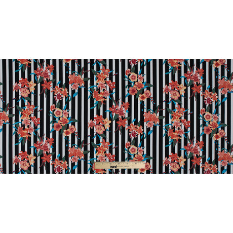 Black/Multicolored Striped Floral Cotton Poplin