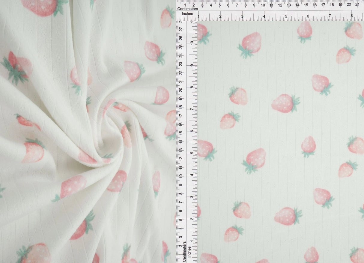 1 Yard 93% Polyester 7% Spandex Cotton-Style Pointelle Strawberry Print Fabric 58/60" Width