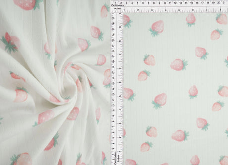 1 Yard 93% Polyester 7% Spandex Cotton-Style Pointelle Strawberry Print Fabric 58/60" Width
