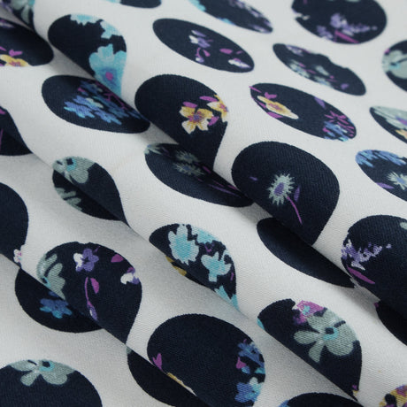 Navy Polka Dotted Floral Printed Stretch Cotton Sateen