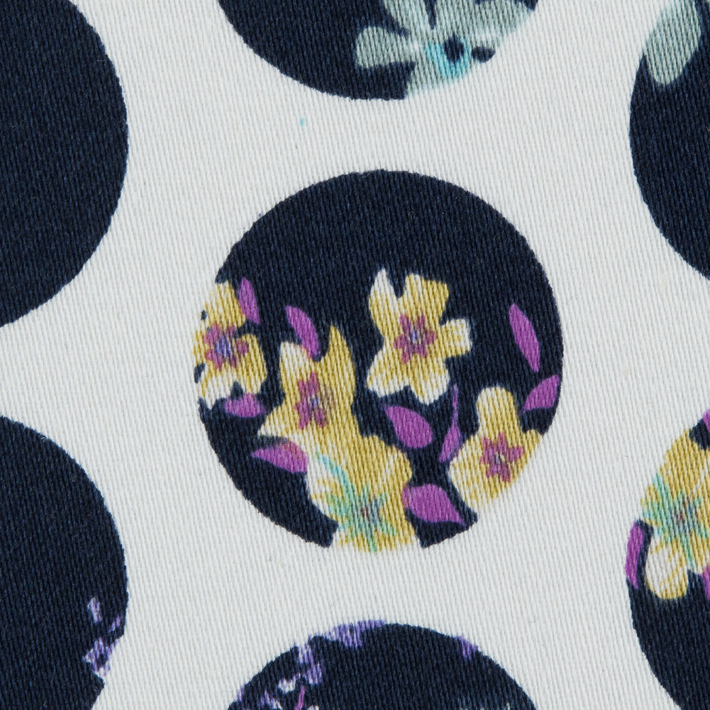 Navy Polka Dotted Floral Printed Stretch Cotton Sateen