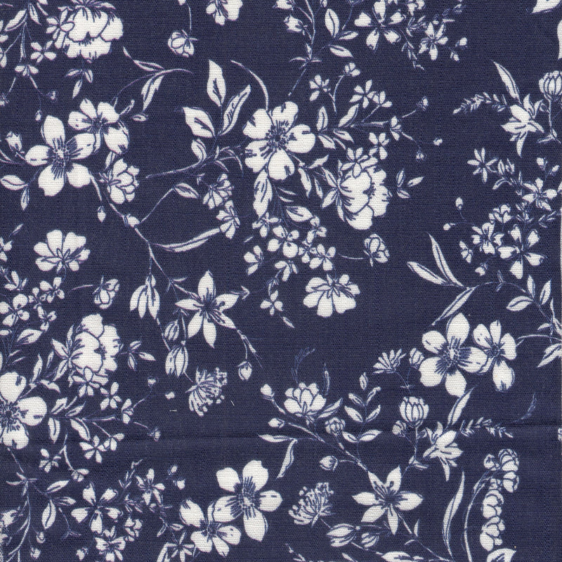Floral Linen Slub Woven Fabric Navy