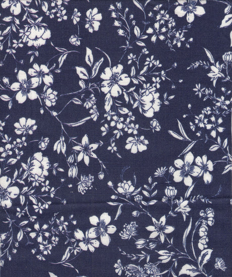 Floral Linen Slub Woven Fabric Navy