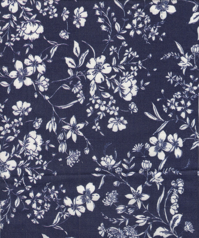Floral Linen Slub Woven Fabric Navy