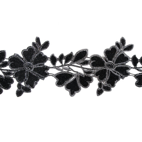 3D Metallic Gunmetal Floral Lace Trim - 5"
