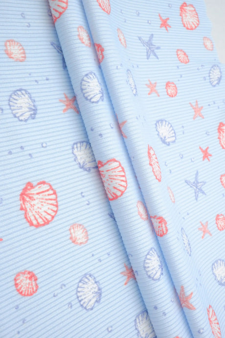 1 Yard Cotton Feel 2x2 Rib Knit Fabric Under the Sea Print, 230 GSM, 58/59? Wide Polyester Spandex Blend