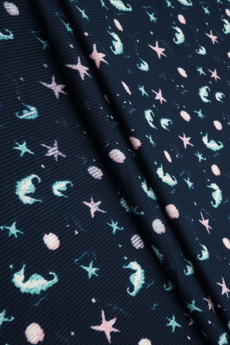 1 Yard Ocean Theme Cotton Feel Rib Knit Fabric 58/59 Inch Wide 2x2 Stretch Rib for Kidswear & DIY Sewing