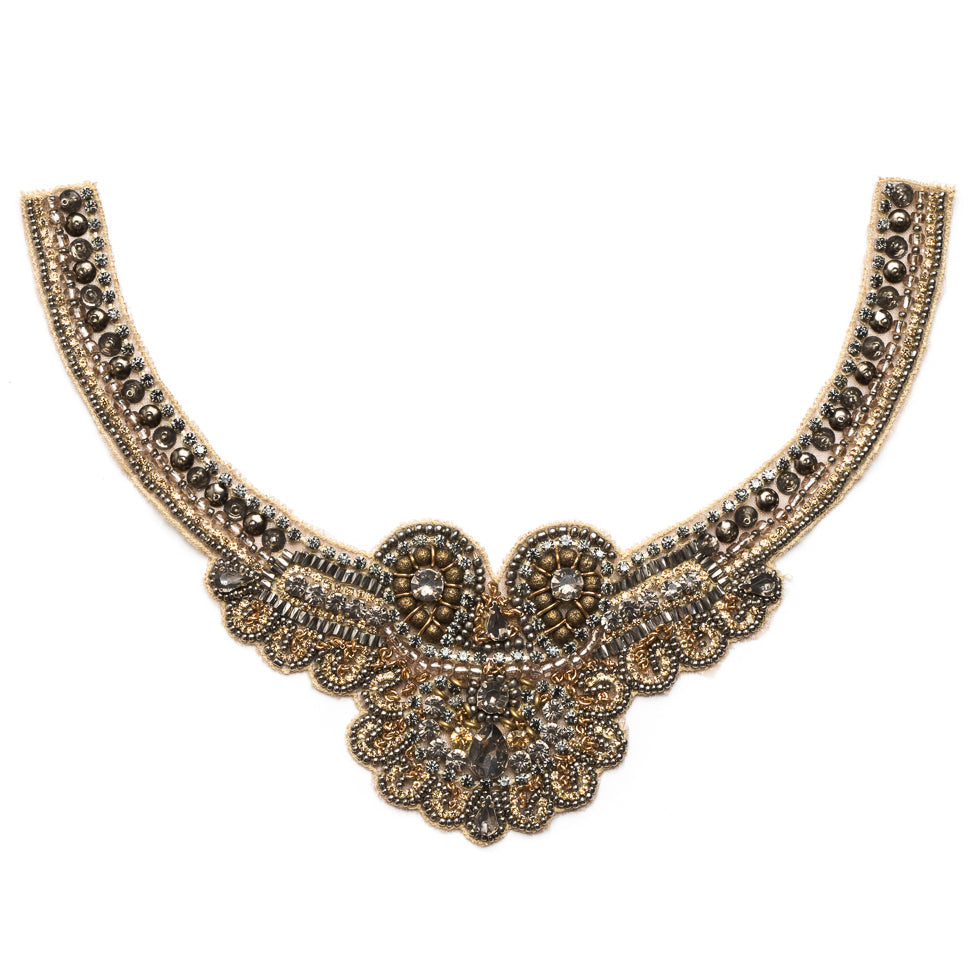 Gold and Pewter Rhinestone Neck Applique - 10"