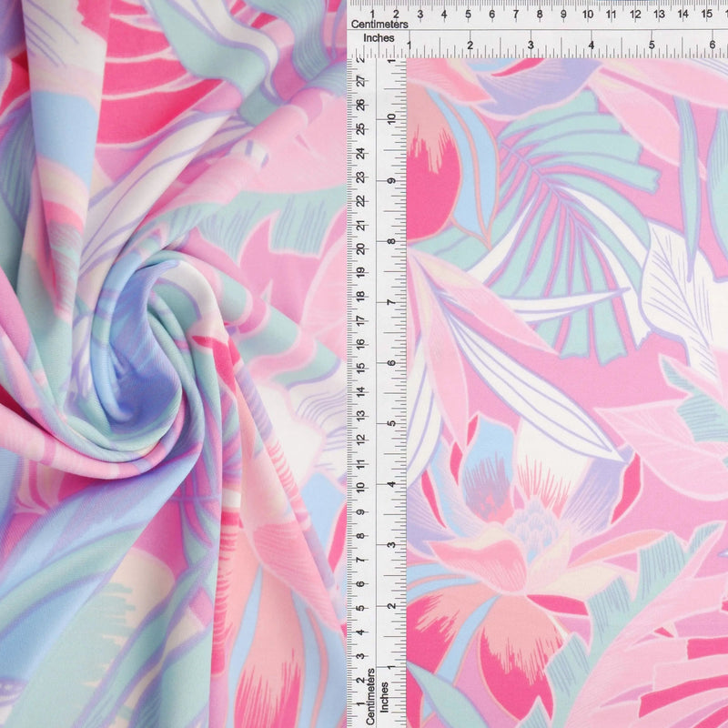 1 Yard DTY Knit Fabric Tropical Leaf Print, 180 GSM, 58/60'' Wide Polyester Spandex Stretch Pink