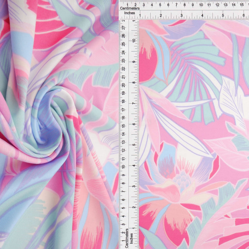 DTY Tropical Leaf Print Knit Fabric Pink