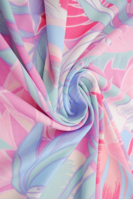 DTY Tropical Leaf Print Knit Fabric Pink