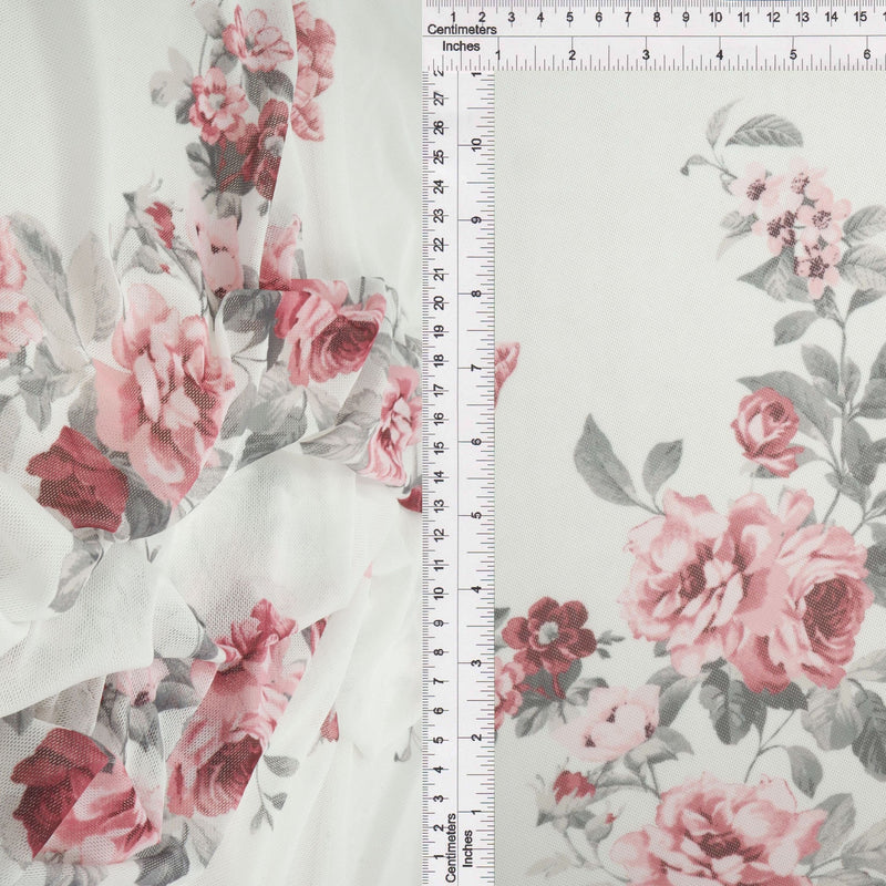 Floral Printed Mesh Fabric Ivory