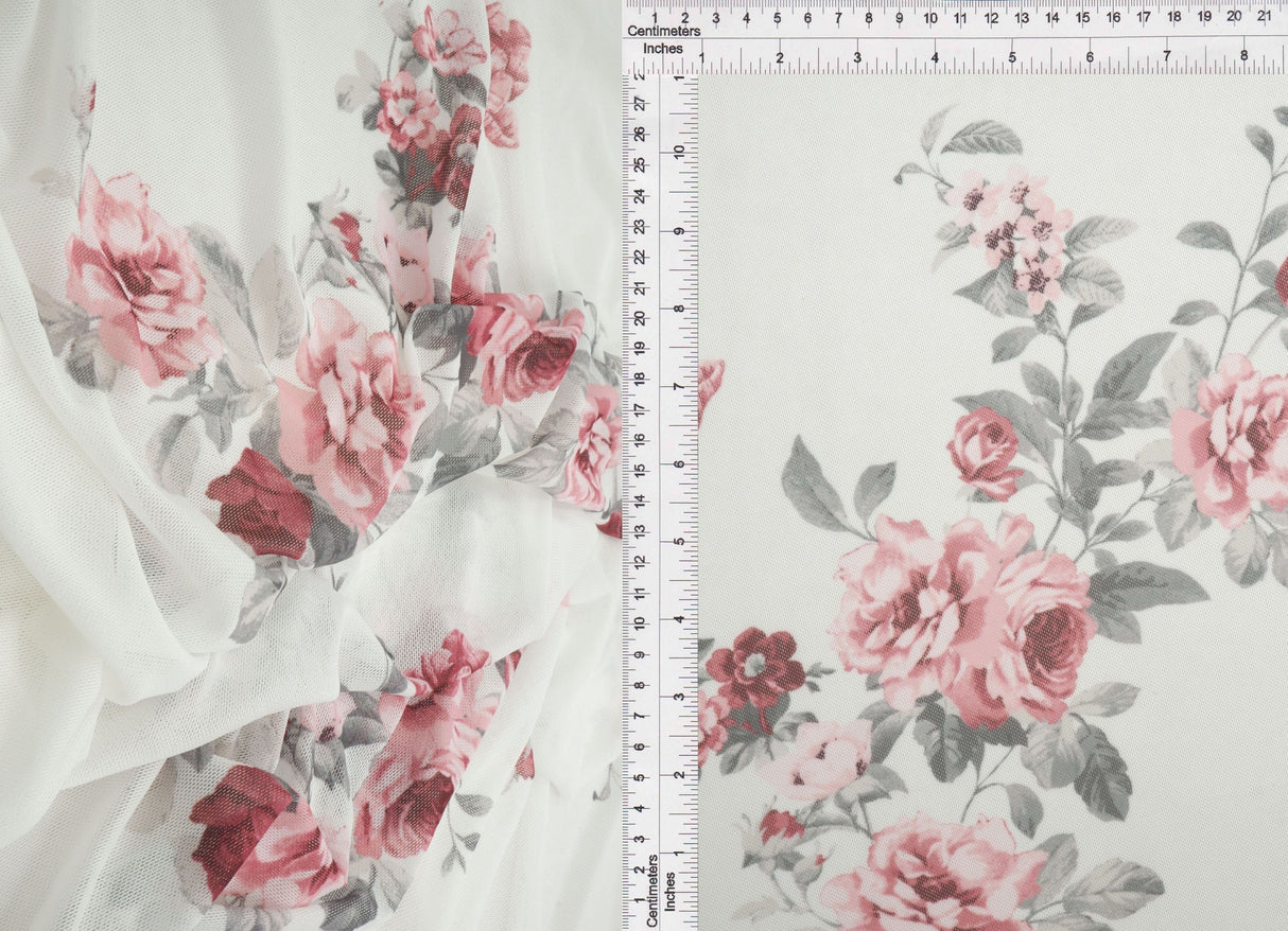 Floral Printed Mesh Fabric Ivory
