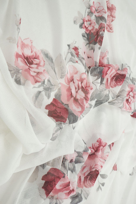Floral Printed Mesh Fabric Ivory