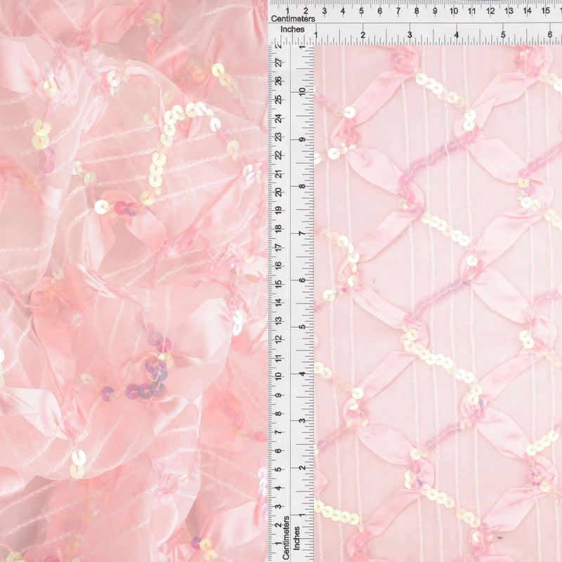1 Yard Pink Mesh Sequins Embroidery Fabric, 58/60'' Wide Polyester Spandex Blend