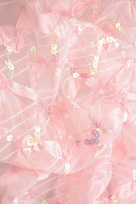 1 Yard Pink Mesh Sequins Embroidery Fabric, 58/60'' Wide Polyester Spandex Blend