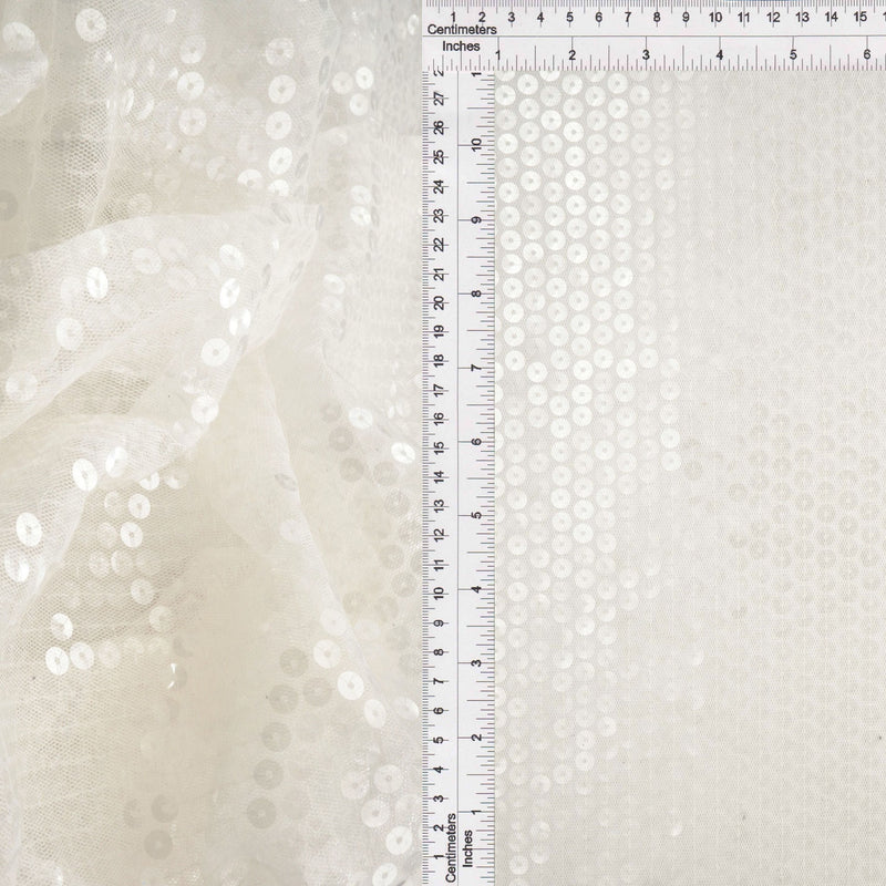 Embroidered Sequin Mesh Stretch Fabric White