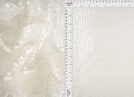 Embroidered Sequin Mesh Stretch Fabric White