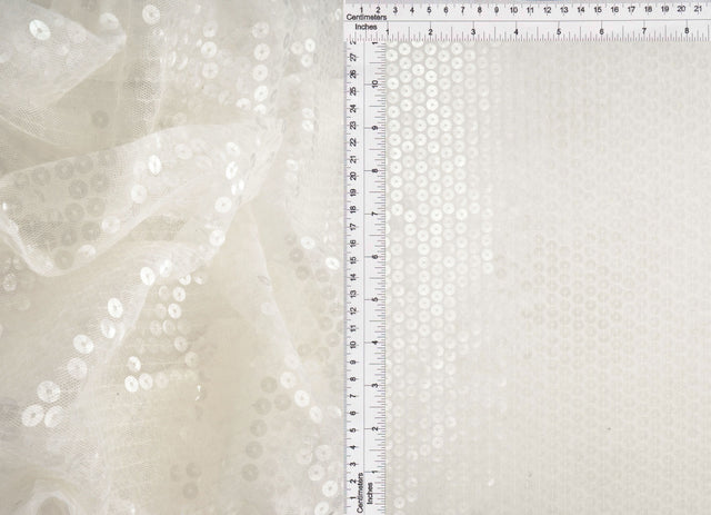 Embroidered Sequin Mesh Stretch Fabric White