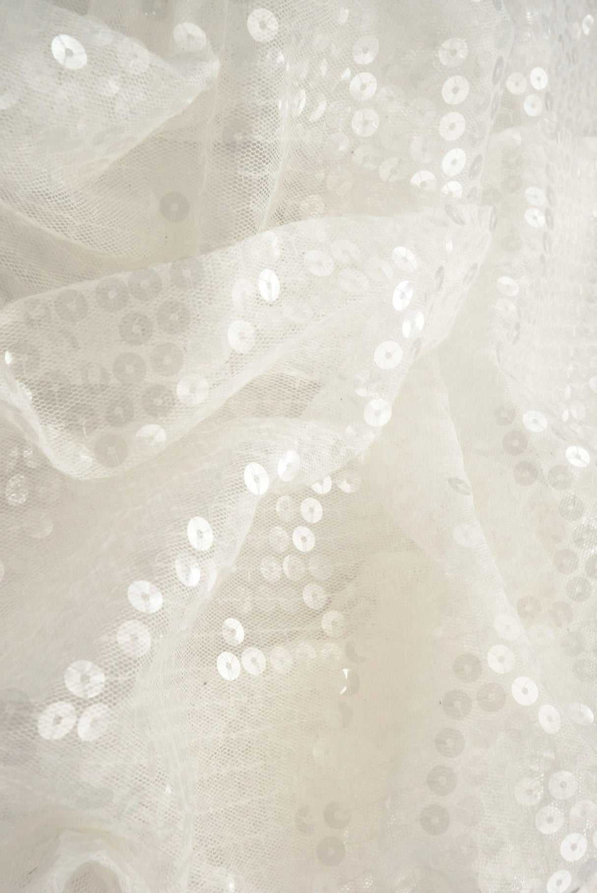 1 Yard White Mesh Sequins Embroidery Fabric, Polyester Spandex Blend