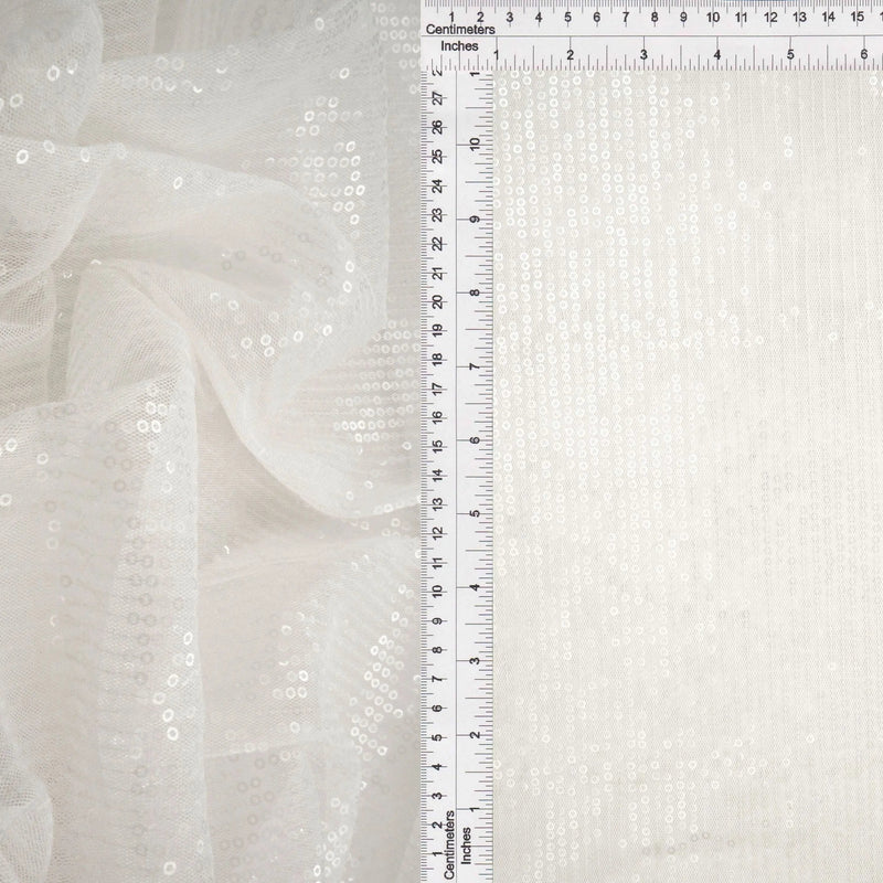 1 Yard Ivory Mesh Sequins Embroidery Fabric, Polyester Spandex Blend