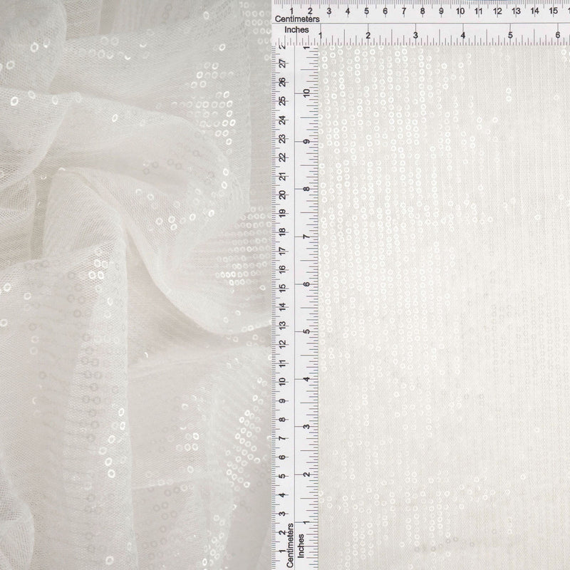 Embroidered Sequin Mesh Stretch Fabric Ivory