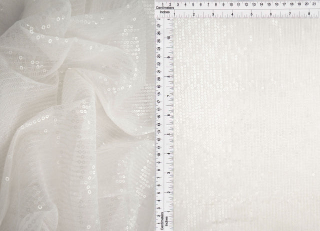 Embroidered Sequin Mesh Stretch Fabric Ivory