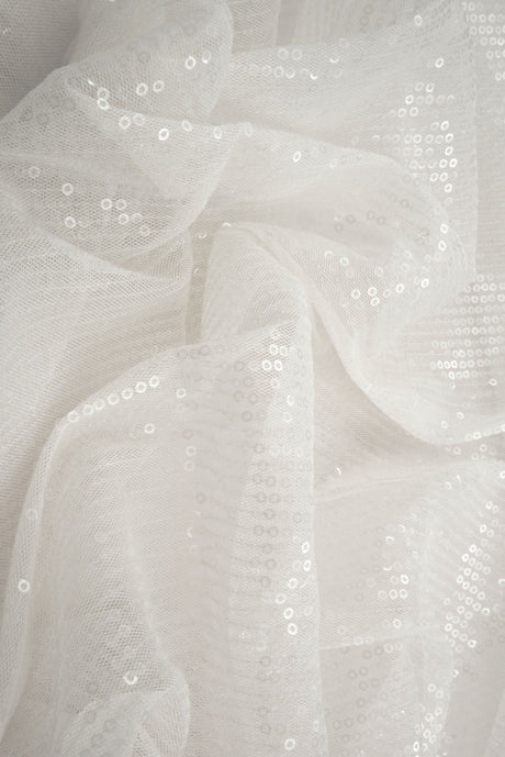 Embroidered Sequin Mesh Stretch Fabric Ivory