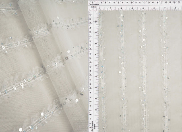 Embroidered Sequin Mesh Stretch Fabric Silver
