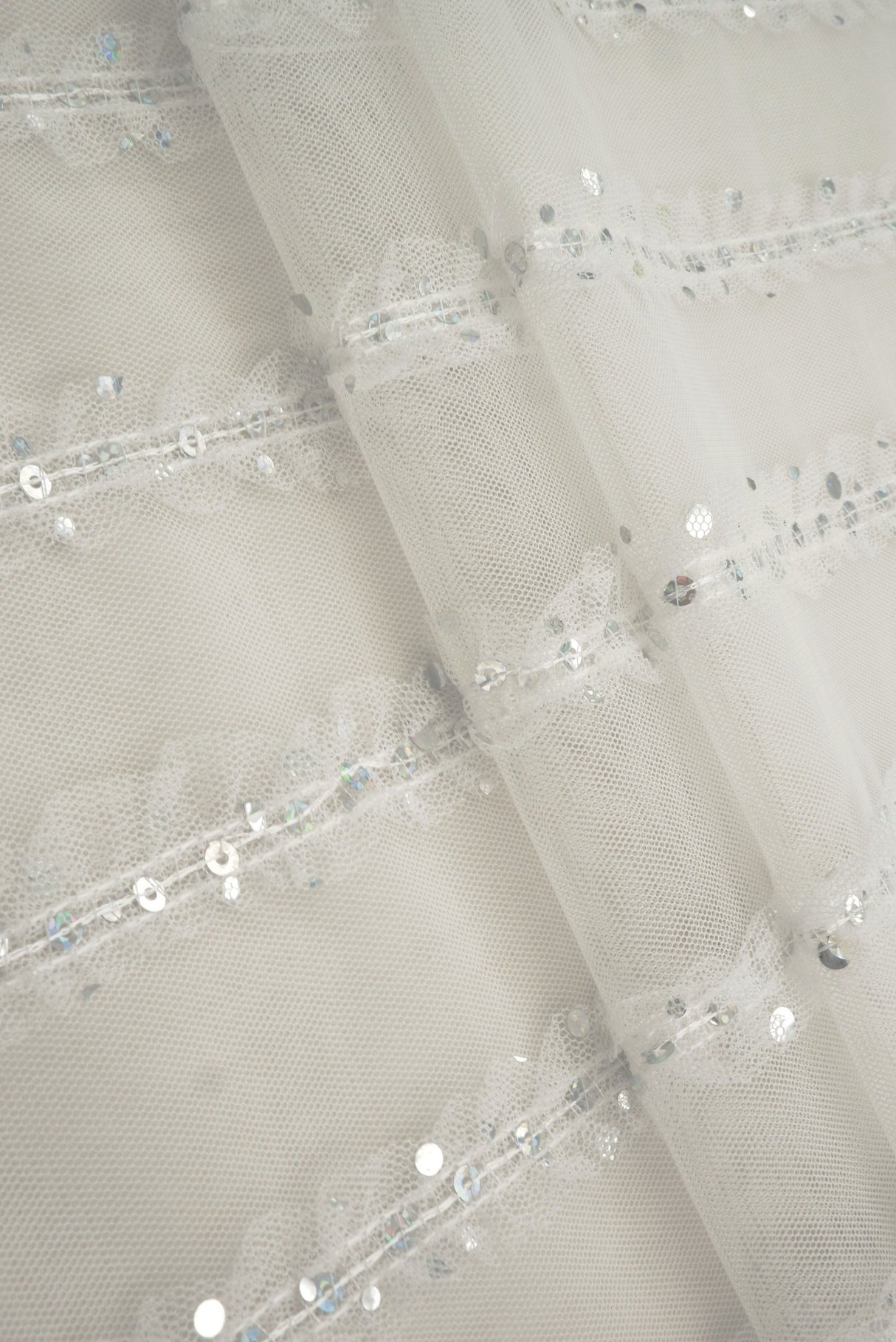 Embroidered Sequin Mesh Stretch Fabric Silver