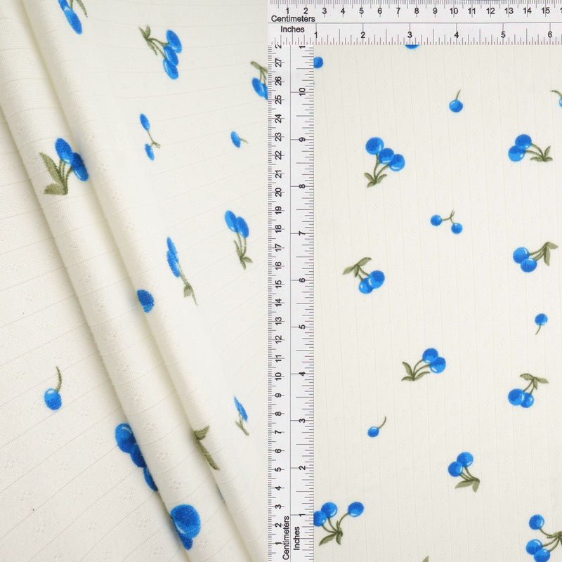 Pointelle Knit Cherry Print Fabric Ivory/Blue