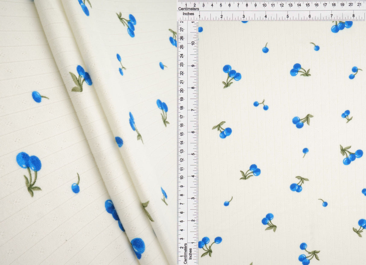 Pointelle Knit Cherry Print Fabric Ivory/Blue