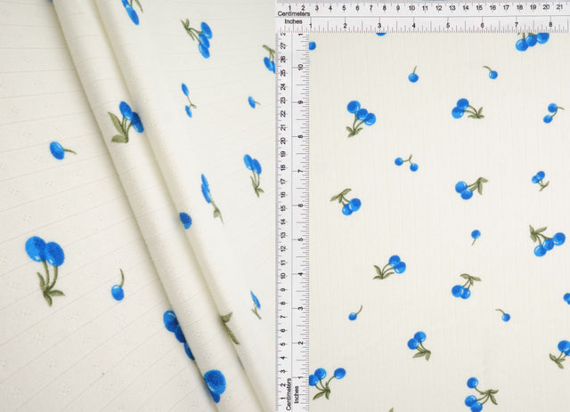 Pointelle Knit Cherry Print Fabric Ivory/Blue