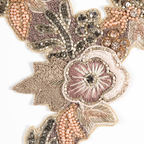 Pink and Green Fancy Beaded Floral Rhinestone Applique - 12.25"x8"