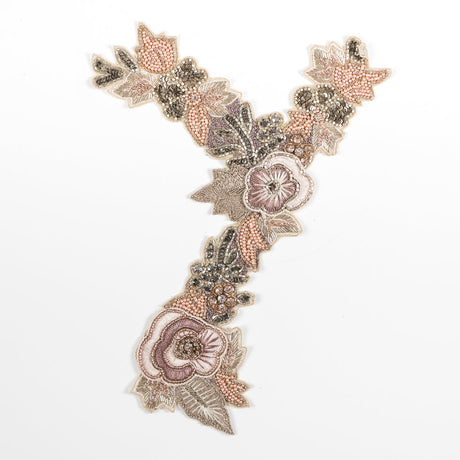 Pink and Green Fancy Beaded Floral Rhinestone Applique - 12.25"x8"