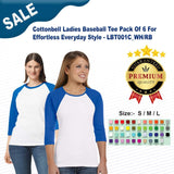 Cottonbell® Ladies Baseball Three-Quarter Sleeve Vrewneck Tee Pack Of 6