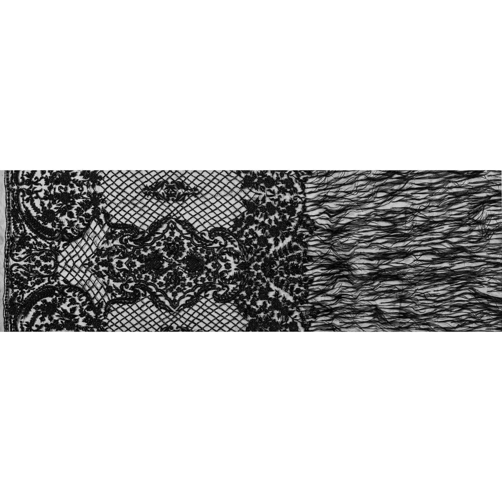 Black Beaded and Embroidered Tulle with Feathers