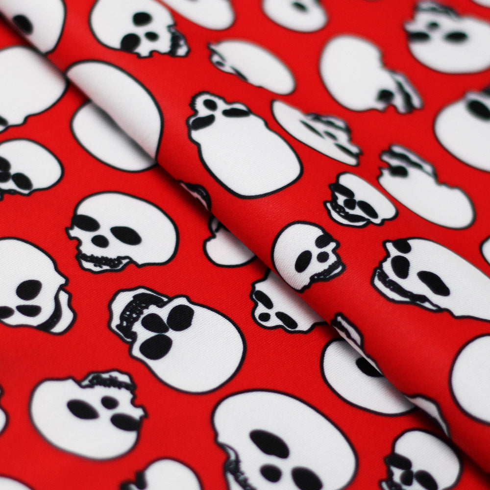 Skull Tricot Polyester Spandex Fabric - Red-White, Black-White, Black-Red, Skull Pattern, 58-60" Width, 240 GSM (1 Yard)