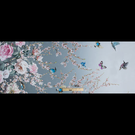 Roses, Hummingbirds and Butterflies Digitally Printed on a Lily Pad Premium Mikado/Twill