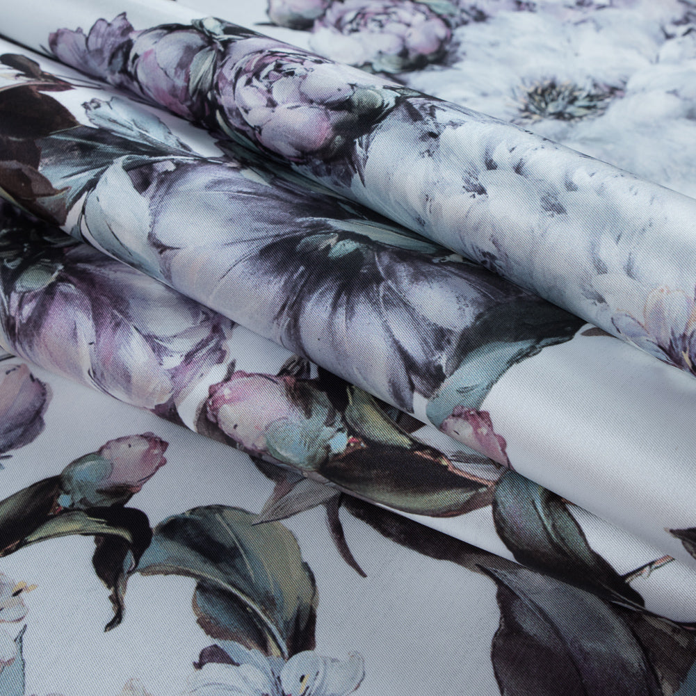 White and Evening Haze Digitally Printed Flowers on a Premium Mikado/Twill