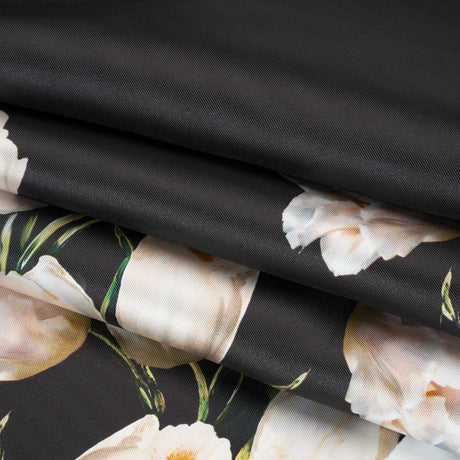 Black and Whisper White Digitally Printed Flowers on a Premium Mikado/Twill