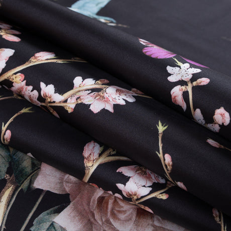 Roses, Hummingbirds and Butterflies Digitally Printed on a Black Premium Mikado/Twill