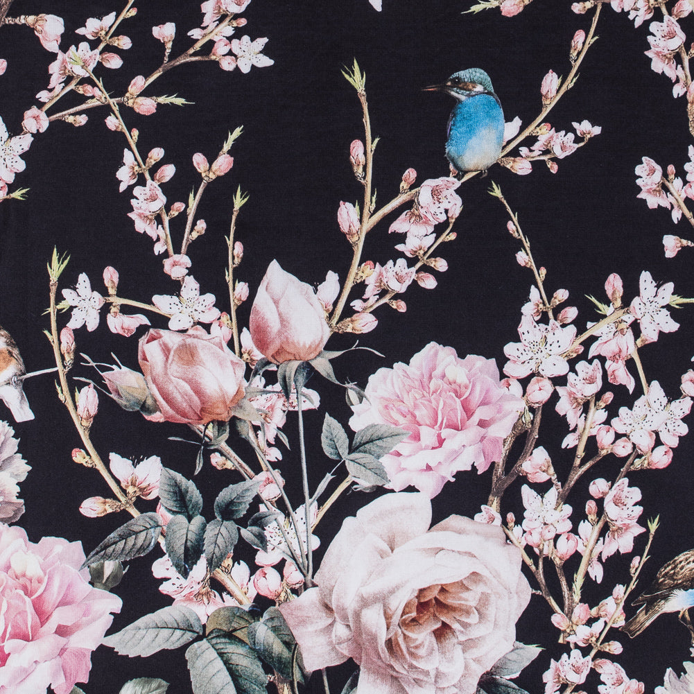 Roses, Hummingbirds and Butterflies Digitally Printed on a Black Premium Mikado/Twill
