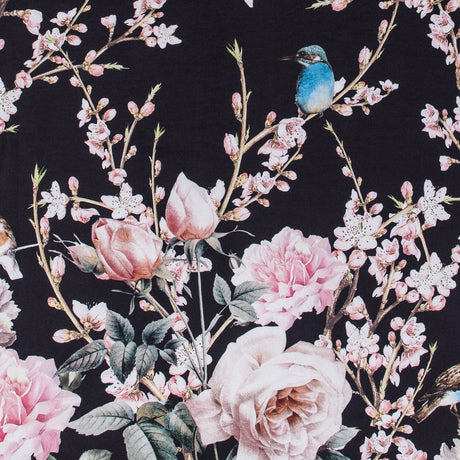 Roses, Hummingbirds and Butterflies Digitally Printed on a Black Premium Mikado/Twill