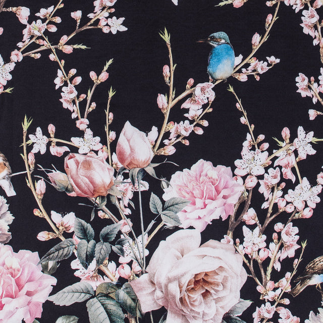 Roses, Hummingbirds and Butterflies Digitally Printed on a Black Premium Mikado/Twill