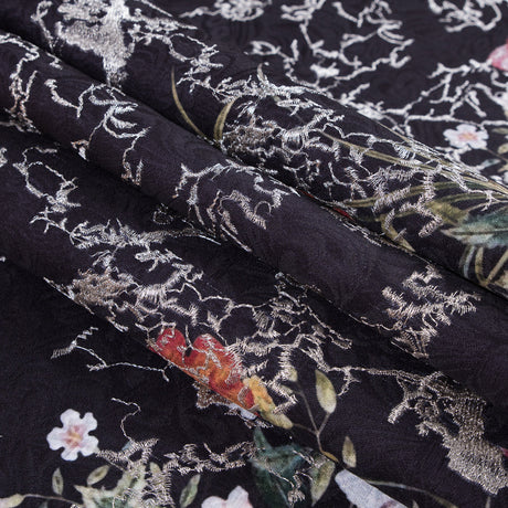 Floral Digitally Printed Butterfly Jacquard with Silver Metallic Embroidery