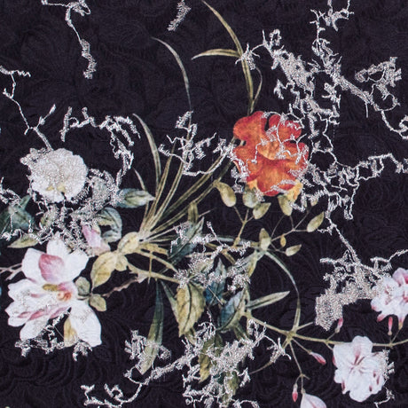 Floral Digitally Printed Butterfly Jacquard with Silver Metallic Embroidery