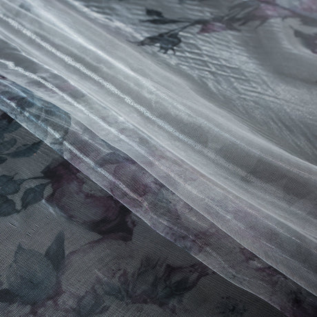 Purple and Silver Floral Printed 3D Organza