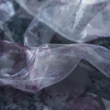 Purple and Silver Floral Printed 3D Organza