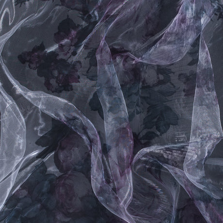 Purple and Silver Floral Printed 3D Organza